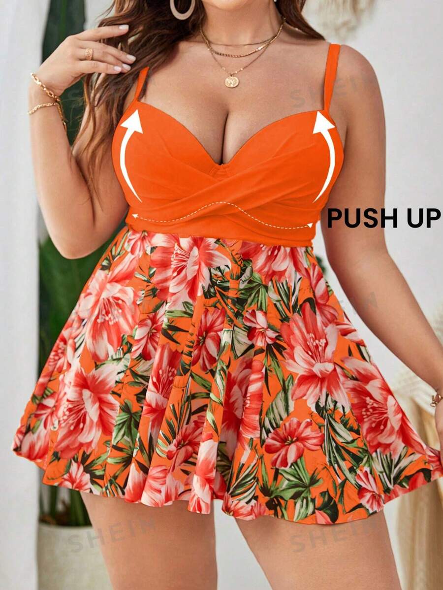 SHEIN Swim Lushore Set de 2 piezas Tankini para mujer talla grande con estampado aleatorio que incluye camiseta sin mangas y falda en línea A. Favorecedora y casual para playa y resort - Naranja - Ver 1
