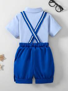 Young Boy Bow Tie Shirt & Bib Shorts 2Pcs Suit Set, Gentleman Style Outfit Suitable For Casual Gathering, Outdoor Picnic And More - Multicolor - View 2