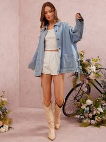 WESTFADE Premium Denim Tie Side Bow Long Sleeve Button Front Shirt Jacket - Light Wash - View 2