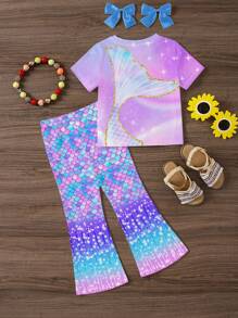 SHEIN Leap Crew Conjunto de 2 piezas de niña bebé con estampado de cola de sirena degradado en estilo de resort, con Top de manga corta y cuello redondo y pantalones largos, adecuado para primavera/verano - Multicolor - Ver 3