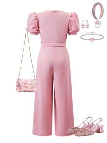 少女纯色方领泡泡袖休闲连体裤