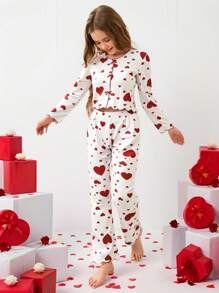 2pcs Tween Girl Pajamas Set - Long Sleeve Shirt And Matching Pants. Designed With Varied Size Heart Prints And Bow Decors, Red - White - View 6
