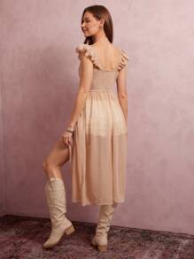 WESTFADE Western Spring Break Floral Patterned Lace & Chiffon Sweetheart Neck Button Front Short Ruffle Flutter Sleeve Flyaway Top Summer Beach Vacation Brunch - Apricot - View 3