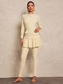 Swim Mulvari 3pcs Women Burkini Set, Long Sleeve Top, Leggings, And Skirt, Tight-Fitting High Elasticity, Fresh Floral Decor, Casual For Beach Party, Beach ResortArabic Clothing For Summer Beach Vacation - Apricot - View 1