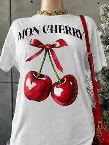 大码女式樱桃字母印花圆领落肩宽松休闲 T 恤，夏季可爱上衣 - 白色 - 查看 1
