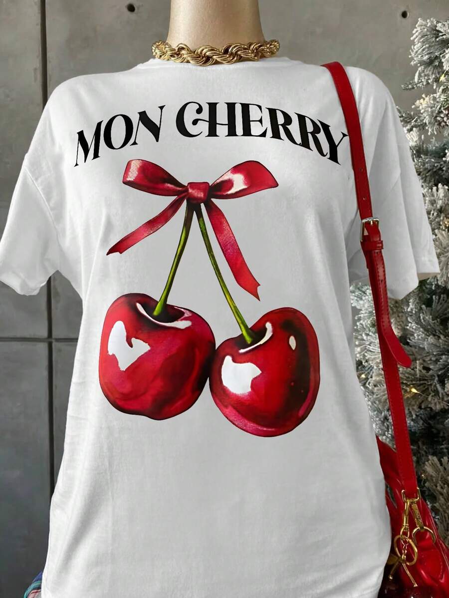 大码女式樱桃字母印花圆领落肩宽松休闲 T 恤，夏季可爱上衣 - 白色 - 查看 1