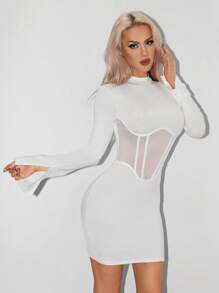 SHEIN ICON Mock Neck Mesh Insert Bodycon Black Dress