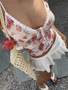 Sunnyshic 1 件女式花卉蕾丝前系带吊带背心，时尚修身背心 - 彩色 - 查看 1