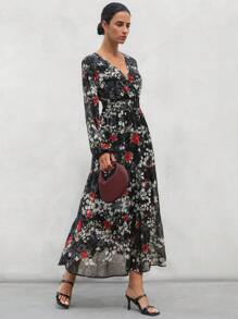 Aveloria Modichic European Retro Palace Random Floral Rose Print Shirred Puff Sleeve Long Sleeve Shirred Waist Maxi A-Line Dress For Women Fall Cloth For Women