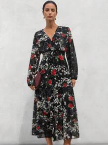 Aveloria Modichic European Retro Palace Random Floral Rose Print Shirred Puff Sleeve Long Sleeve Shirred Waist Maxi A-Line Dress For Women Fall Cloth For Women