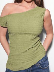 Maija Plus-size asymmetrische zoom T-shirt van getextureerde stof, korte mouwen