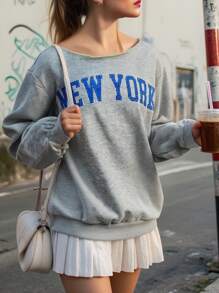 SHEIN Leap Crew 青少年女孩露肩宽松休闲“纽约”标语印花长袖运动衫，秋冬 - 灰色 - 查看 3