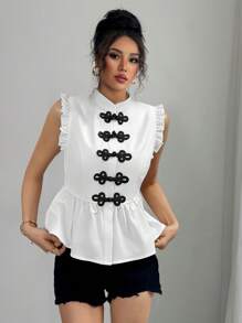 Chiquease Nueva camisa de estilo chino con cuello mao, ajustado y sin mangas - Blanco - Ver 1