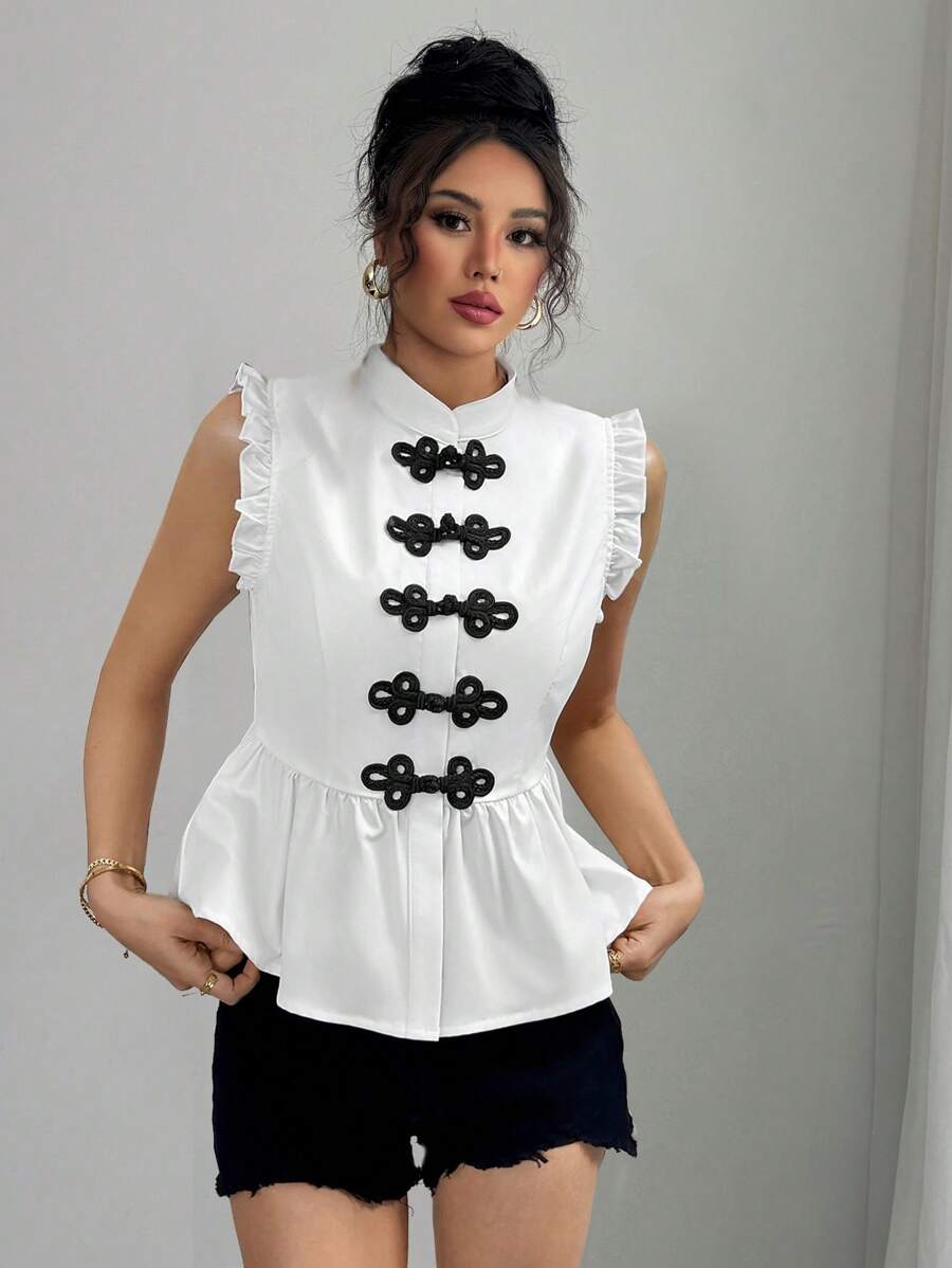 Chiquease Nueva camisa de estilo chino con cuello mao, ajustado y sin mangas - Blanco - Ver 1