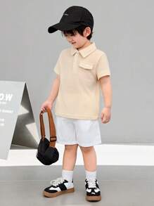 SHEIN 1 szt Mali chłopcy Codzienny Akademia Styl Miękki I Stylowy Krótki Rękaw Koszulka polo , Z Dekoracyjny Kieszeń , W Oddychająca Tkanina , Doskonały Na wiosnę I Lato