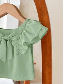 SHEIN LMoss Kids LMoss Babygirl Summer Vacation Cute Solid Color Ruffle Trim Blouse - Green - View 6