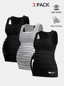 Modmama 3pcs/Set Maternity Casual Ruched Fitted Camisole - Black - View 1
