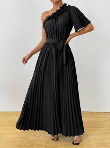 SHEIN Clasi Robe élégante noire asymétrique à volants en mousseline d'épaule pour femme, printemps/été, avec ceinture nouée à la taille plissée