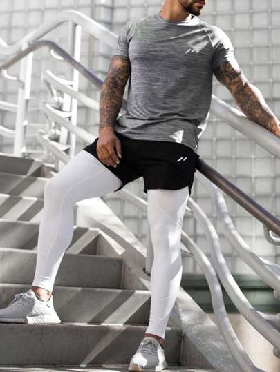 Manfinity Sport Corelite 2pcs Men Sports Suit Men's Casual Sports Set Includes Short Sleeve T-Shirt, Shorts And Slides, Minimalist And Fashionable Men's Compression Pants For Running Fitness Men Shorts Set Gym Set Workout Set