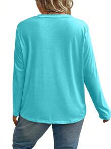 Plus Size Women's Solid Color Round Neck Loose Casual Minimalist Daily Commute Base Layer Long Sleeve T-Shirt, Blue, Versatile, Spring/Autumn - Mint Blue - View 2