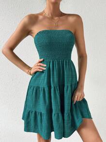 Chiquease Váy xếp tầng màu trơn cho kỳ nghỉ hè của phụ nữ - Màu xanh lam - Xem 6