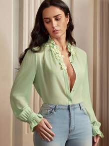 Anewsta Elegante Damen Bluse mit handgefertigter perlenverzierter Kragen-Dekoration, fließend, mit leichtem Rüschensaum und Langarm, für Frühling/Sommer, Festivals, Ausgehen