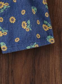 Conjunto informal de 2 piezas para niñas: Top de cuello redondo blanco con flores 3D de perlas y shorts efecto denim, nuevas llegadas de verano