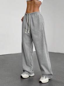SHEIN Unity 灰色华夫格针织低腰抽绳系带斜口袋直腿阔腿运动裤，超柔软舒适，时尚简约休闲街头服饰，女士春夏