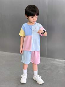 SHEIN 2pcs/Set Young Boys Casual Comfortable Versatile Contrast Color Patchwork Short Sleeve Top And Shorts