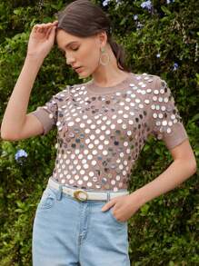 Anewsta Elegant Novelty Embellished Sequin Knit Short Sleeve Sweater, Spring/Summer Casual - Khaki - View 4