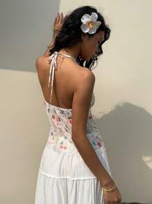 Sunnyshic 女式无袖蕾丝露背衬衫，宽松休闲时尚，适合夏季 - 杏色 - 查看 2