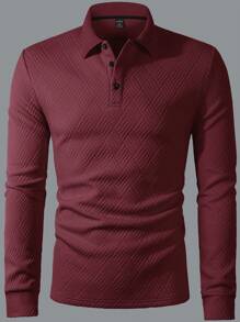 Manfinity Mode Men's Casual Plain Textured Long Sleeve Polo Shirt Polo Shirt For Men, For Fall - Burgundy - View 3