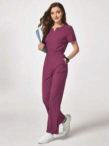 TaskEZ Solid Color V-Neck Short Sleeve Pocket Top And Pants Scrub Uniform Set - Purple - View 5