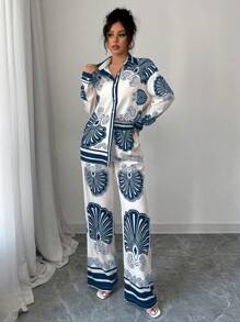 Chiquease 米色底色黑色花朵印花优雅休闲日常两件套女士套装，长袖立领纽扣前开襟衬衫，松紧腰宽松直筒印花裤，藏青色衬衫，藏青色裤子，女士春季服装 - 藏蓝色 - 查看 4