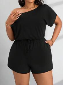 SHEIN PETITE CURVE 女款大尺碼夏季休閒傳統露肩短袖連身褲 正式外出穿著 黑色 - 黑色 - 查看 6