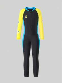 男童撞色拼布连体泳衣