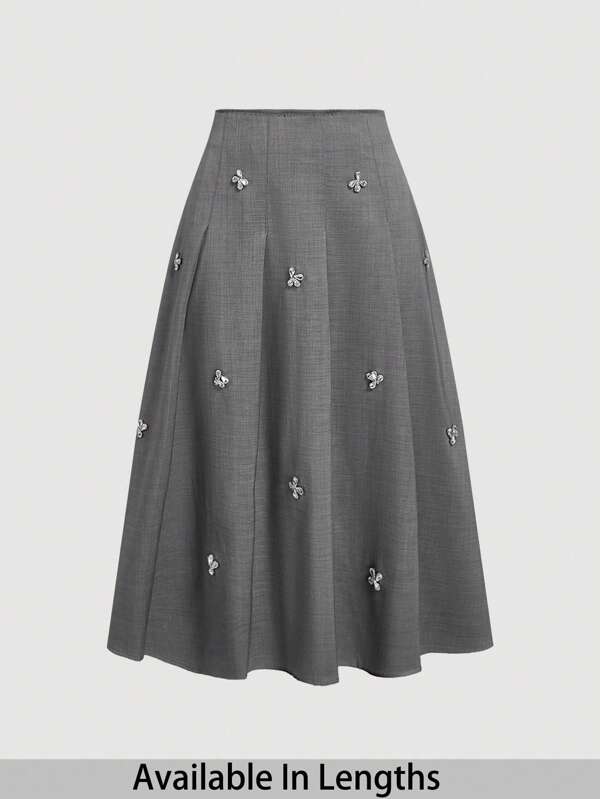 SHEIN Tall CURVE Plus Size Women's Elegant Pleated Gray Skirt With Crystal Decor,Party, Glittery Skirt, Office, Work Skirt, Business Casual, Old Money Style, Academia, Sparkly Skirt, Work Clothes Women, Grey Skirt
