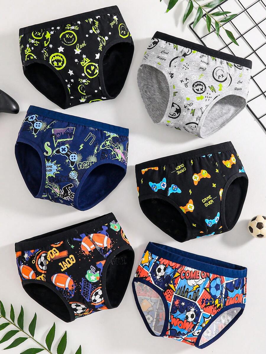 6 pezzi/confezione Slip da ragazzo pre-adolescente in morbida miscela di cotone, confortevole e traspirante, con stampe di console da gioco vibranti e facce sorridenti