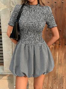 Chiquease Ruffle Hem Plaid Puff Sleeve Mini Dress - Black - View 4