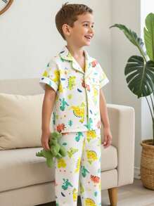 2 件装小男孩可爱恐龙印花短袖开衫和宽松长裤休闲睡衣套装 - 彩色 - 查看 4