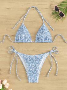 Swim Mod Springbreak Beach Ditsy Floral Bandeau Bikini Swimwear For Summer Beach Vacation - Blue and White - View 1