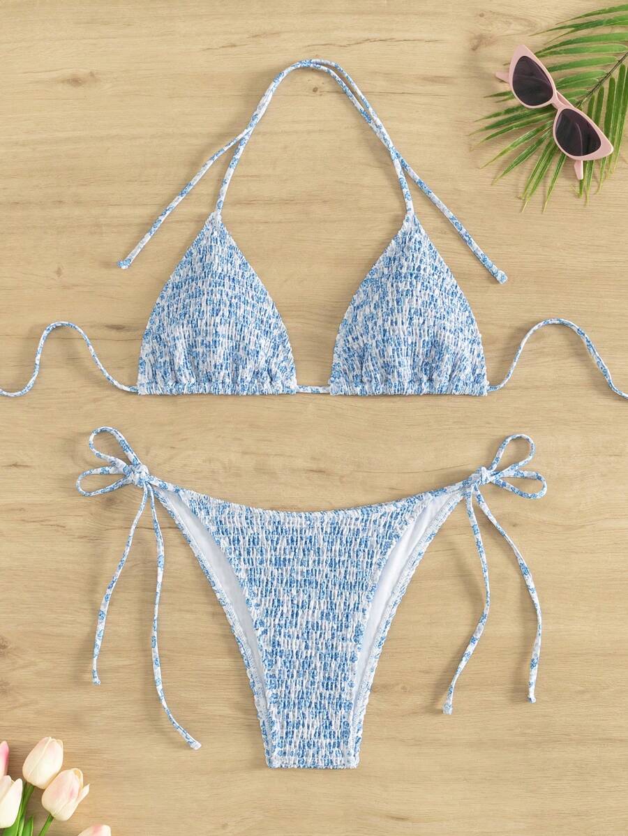 Swim Mod Springbreak Beach Ditsy Floral Bandeau Bikini Swimwear For Summer Beach Vacation - Blue and White - View 1