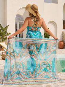 SHEIN CURVE+ Plus Size Women Retro Style Modest One-Piece Swimsuit With Skirt, Slimming High-Waist Digital Printed Two-Piece Swimsuit For Beach Holiday For Summer Beach Vacation - Multicolor - View 1