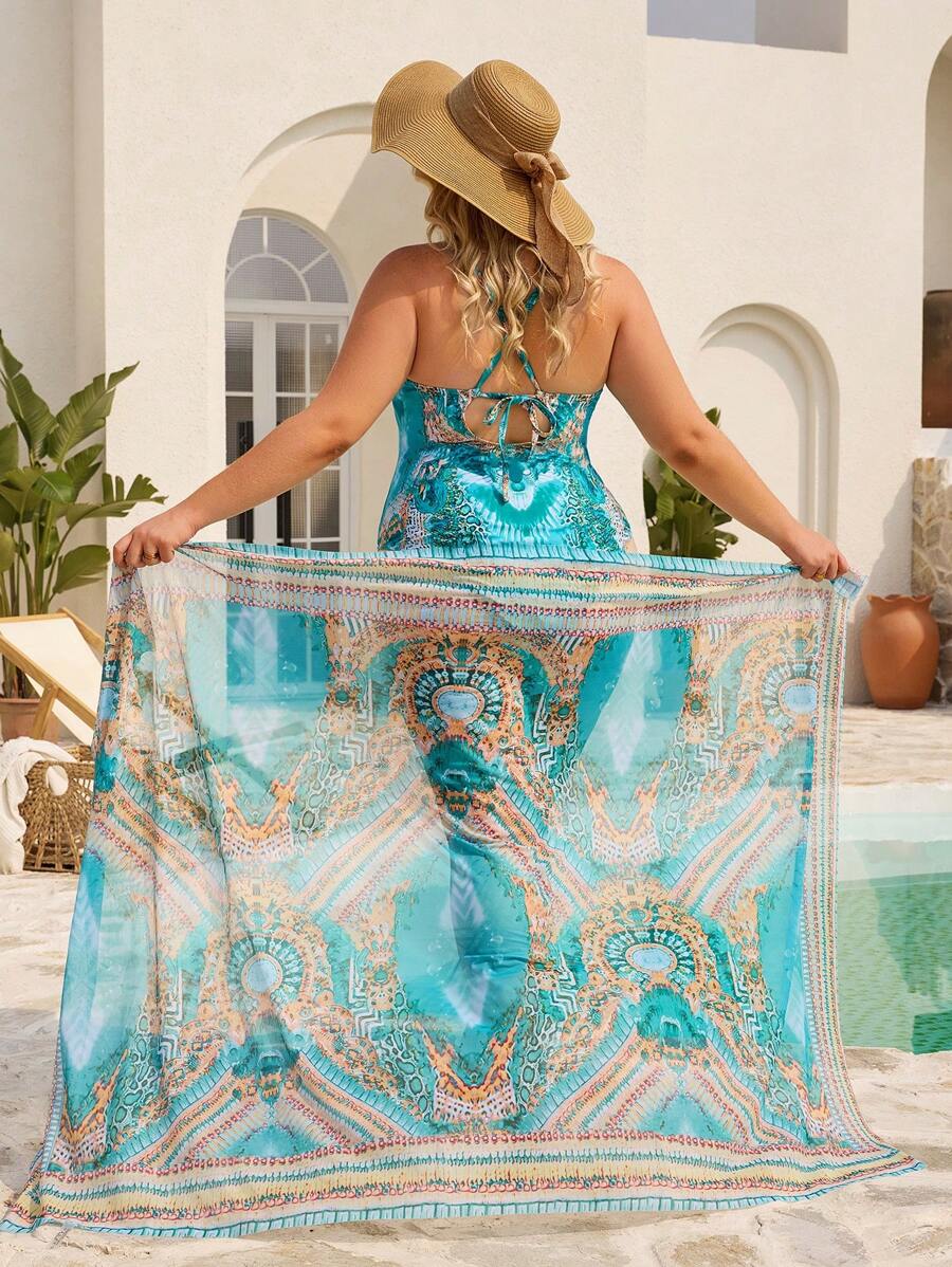 SHEIN CURVE+ Plus Size Women Retro Style Modest One-Piece Swimsuit With Skirt, Slimming High-Waist Digital Printed Two-Piece Swimsuit For Beach Holiday For Summer Beach Vacation - Multicolor - View 1