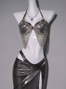 Sweetina Women's Fashionable & Sexy Rhinestone Fringe Backless Halter Crop Top, Suitable For Music Festival And Nightclub For Summer Beach Vacation Spring Outfits For Women Summer Concert Outfit Women Easter Women St Patrick Day Outfit
