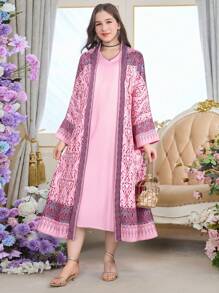 2pcs/Set Teen Girl Floral Long Sleeve Jacket & Dress Set