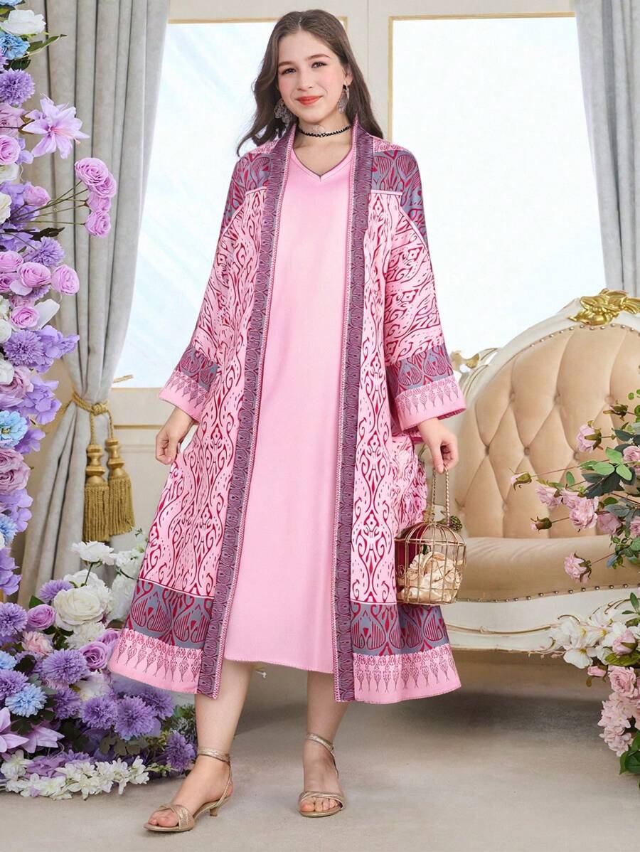 2pcs/Set Teen Girl Floral Long Sleeve Jacket & Dress Set
