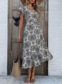 Breezaya 女士花卉印花裹身式中长连衣裙 女式长款服装 - 藍色 - 查看 3