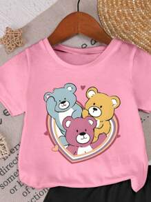 GraphicGems 2pcs/Set Baby Girls Cute Cartoon Bear & Heart Pattern Girls Casual Comfy Round Neck Short Sleeve Top And Shorts Set, Summer Holiday