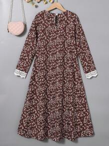 SHEIN Tween Girl Vacation Ditsy Floral Contrast Lace Long Sleeve Casual Dress Young Girls Dresses - Burgundy - View 2